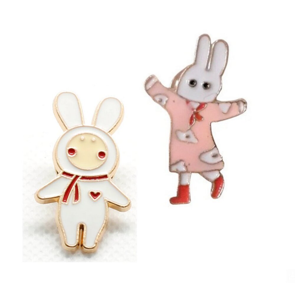 Kawaii Cartoon Bunny & Dancing Bunny in Pink Dress Pins